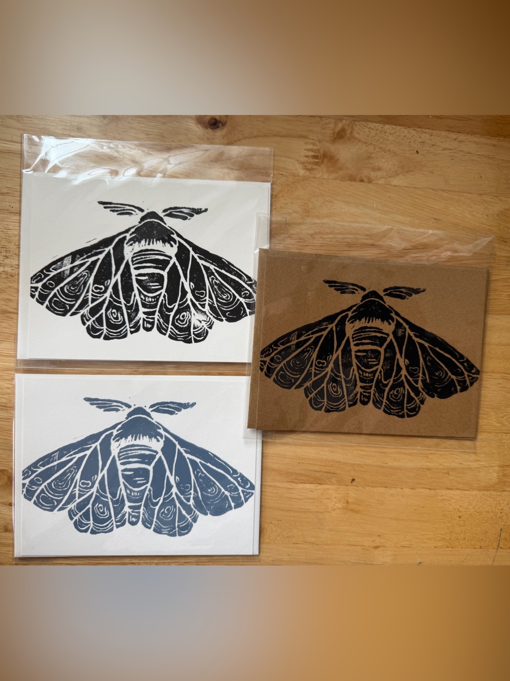 Linocut Moth print flat cards. Original Art by S_K_Art.